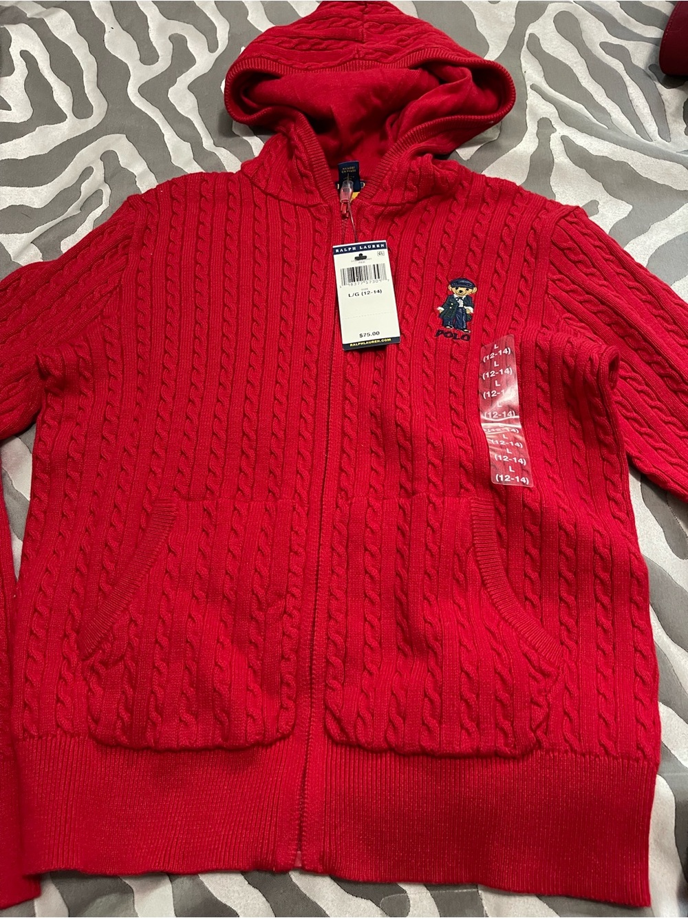 Ralph Lauren Red Cable-Knit Hooded Zip Sweater